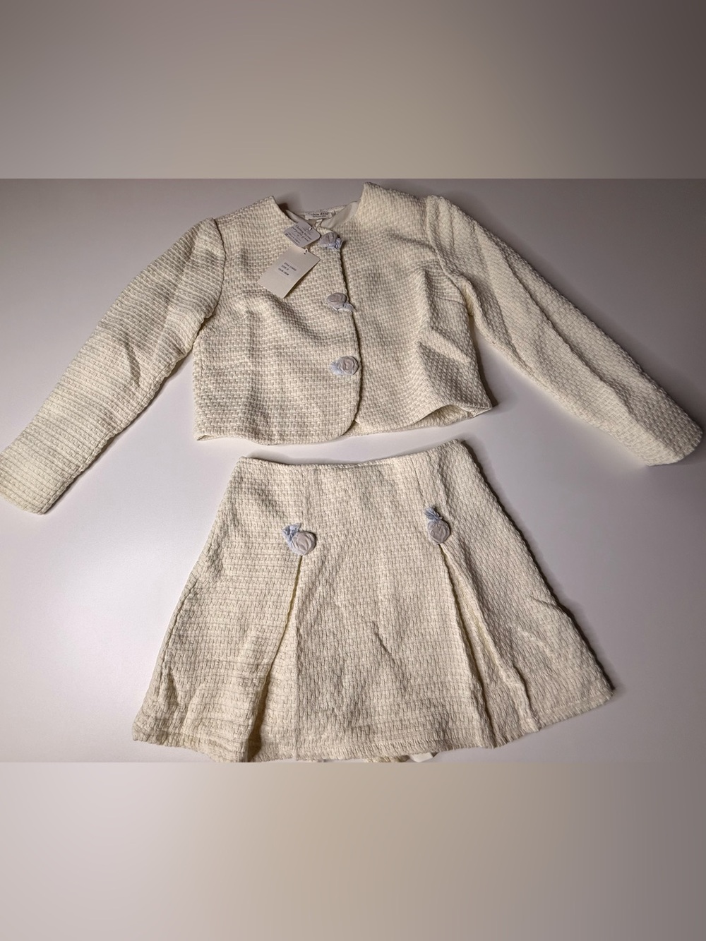 Cream Tweed Pleated Mini Skort and Jacket Set - 732 - Picture 6 of 14